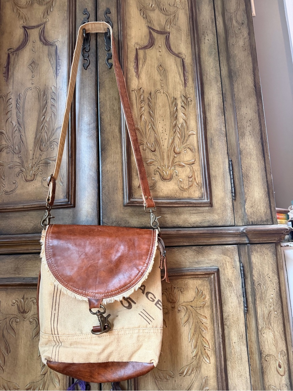 Canvas & Leather Crossbody Bag in Tan and Brown